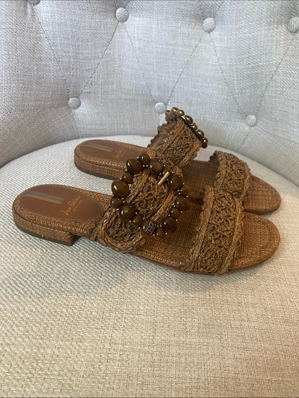 Sam Edelman Tan Braided Slide Sandals with Beaded Buckle